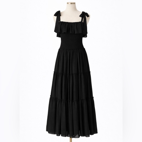 Lulus Like a Fairy Tale Black Maxi Dress M Smocked Tiered Tie Strap Boho Formal - Picture 5 of 10
